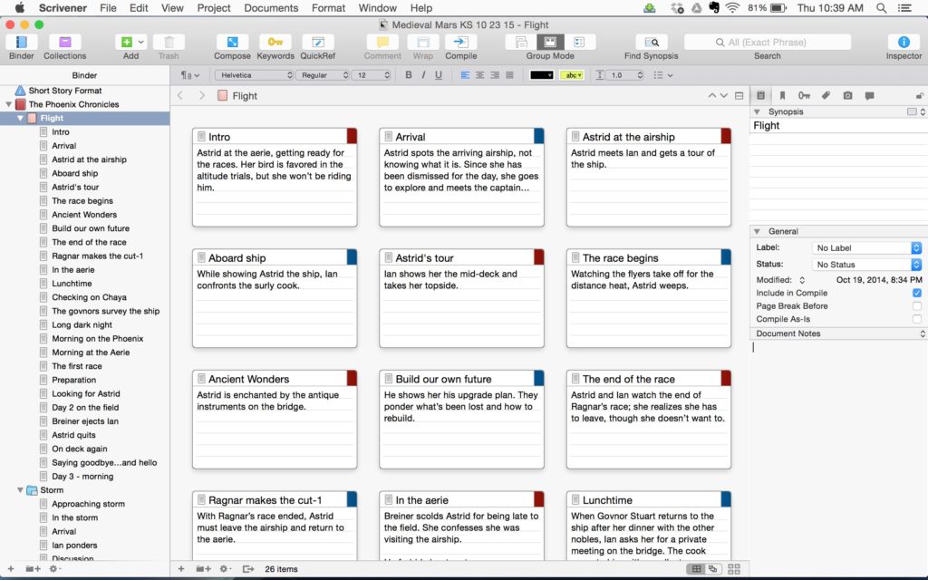 The cork board view of my novella “Flight.” The scene list is in the left column, the cards in the middle represent each scene, and the fields on the right can be used to add whatever data you want about each scene.