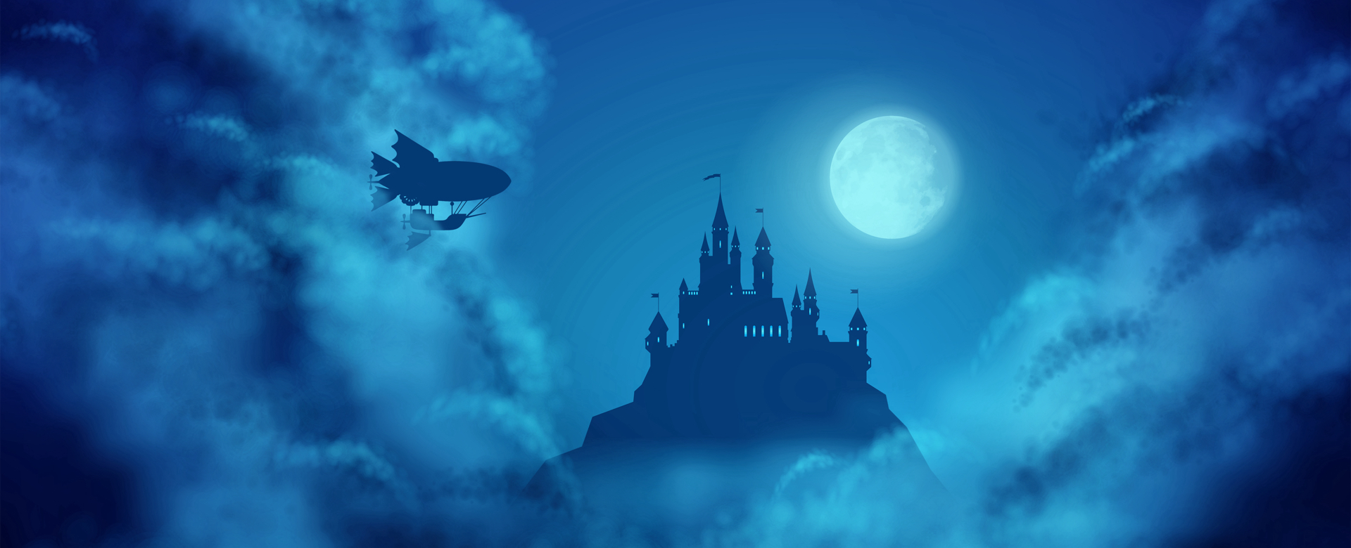 Airship emerges from clouds and approaches castle in a moonlit sky